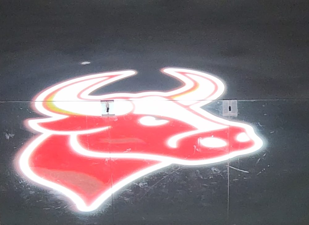 The Packers bull logo projected onto the ice at Doug Woog Arena